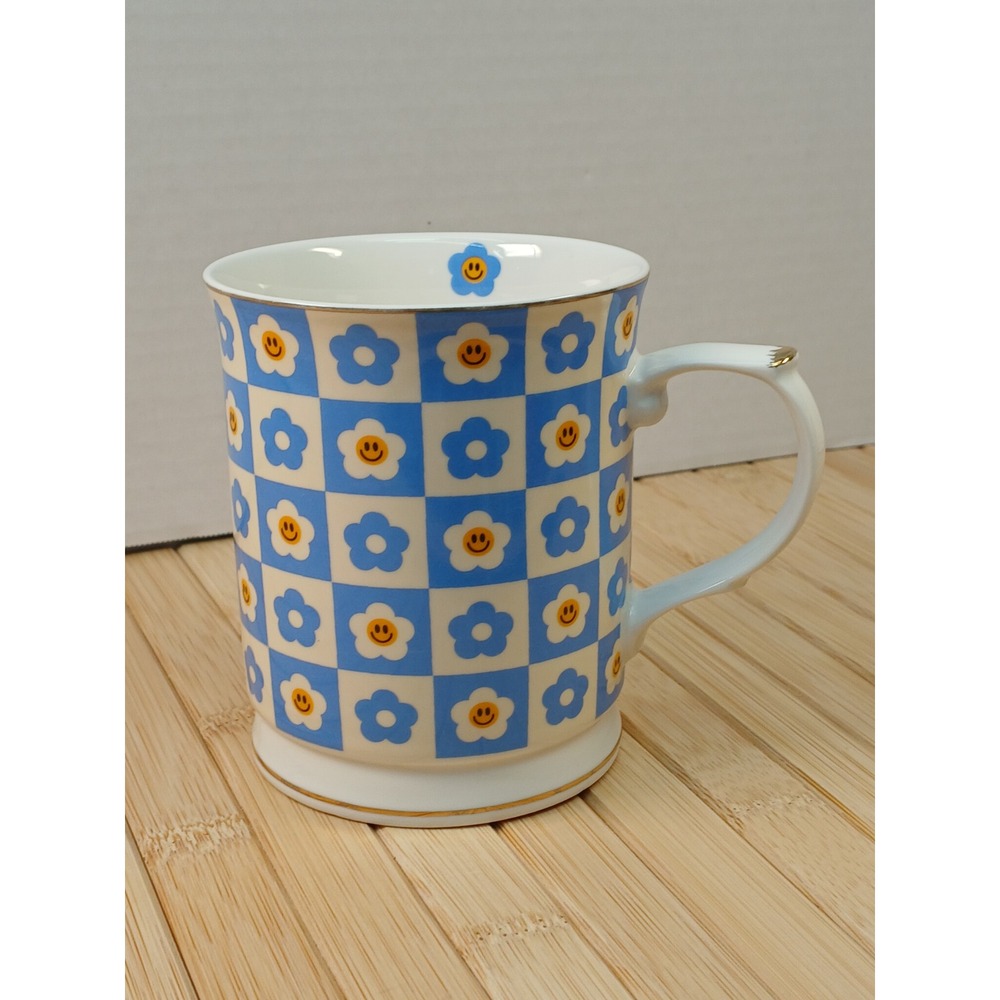 Grace Teaware Blue Checkered Smiley Face Flower Porcelain Mug Gold Trim 4in